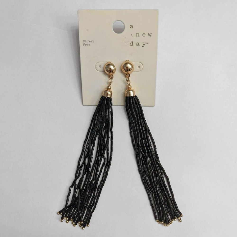 NEW Gold Tone Black Seed Bead Shoulder Sweeper Pierced Drop Dangle Earrings